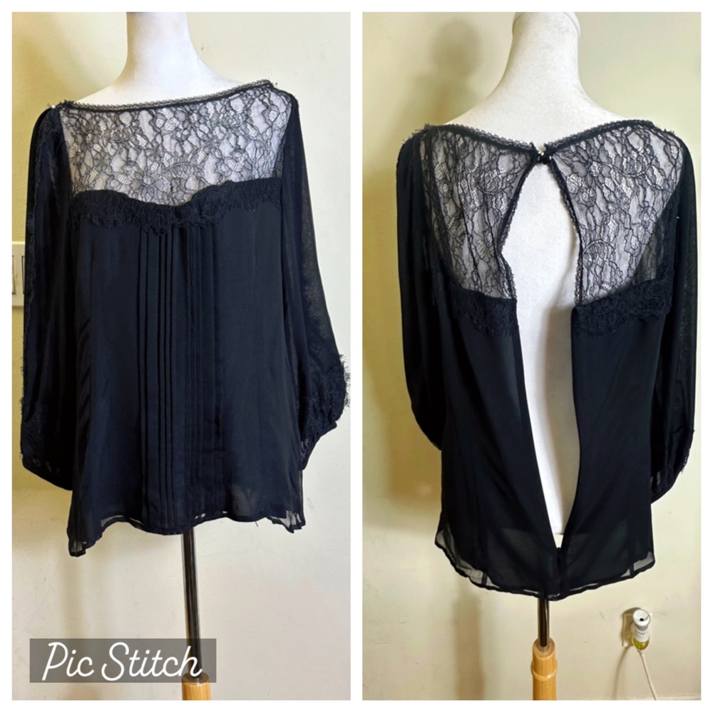 Nanette Lepore 100% black silk chiffon lace mini shift dress, puff sleeves sheer